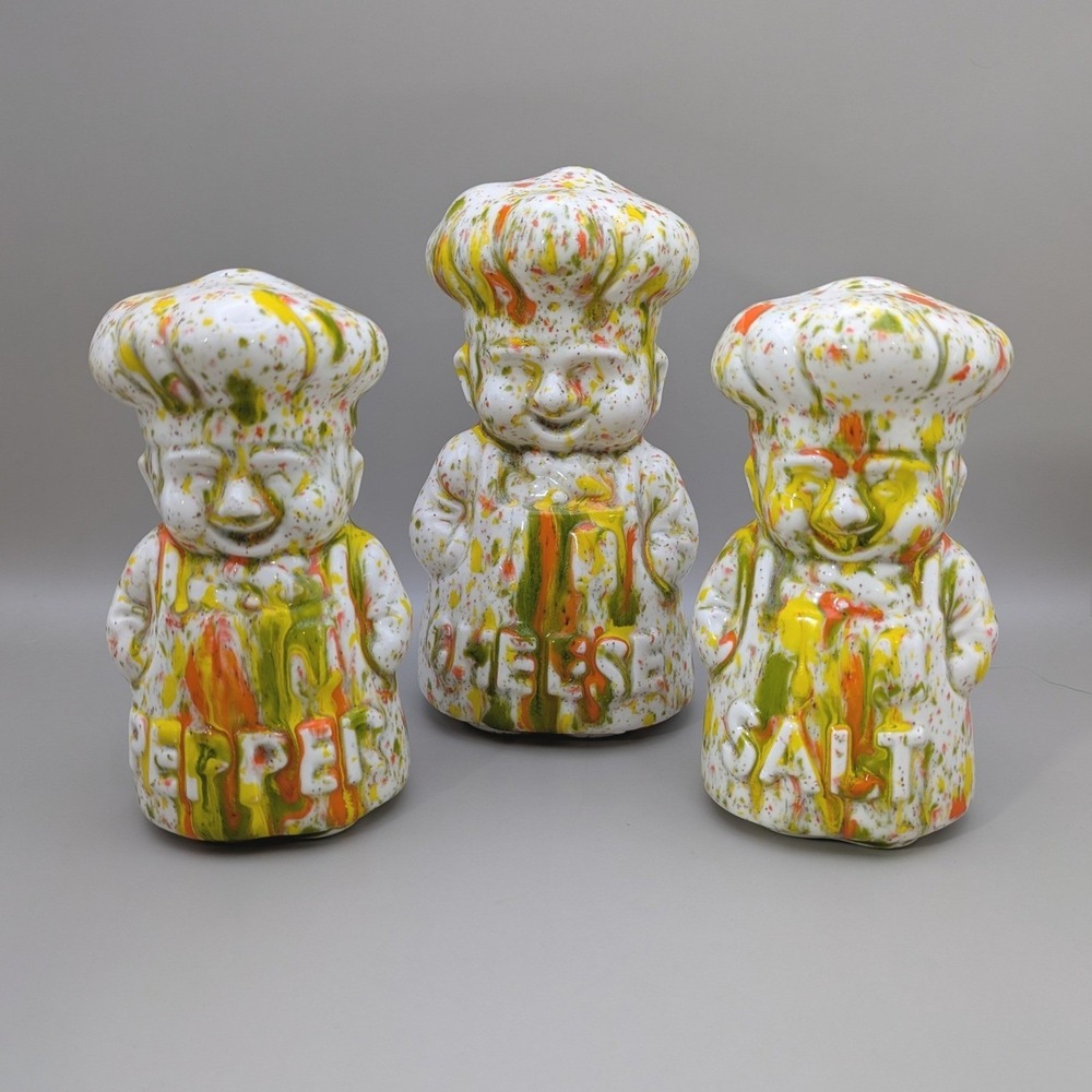 Vintage Chef Salt Pepper Cheese Shaker Set Splatter‎ Drip Glaze Multicolor 3pc